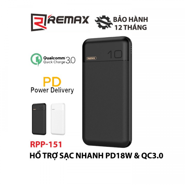 Pin dự phòng Remax RPP-151 10000mAh Boree Series sạc nhanh iPhone PD 18W và QC 3.0